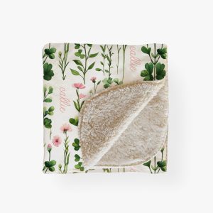 Personalized Clover Greenery Blanket, Minky Sherpa, Wildflower Pink Pressed Floral, Vibrant Spring Colors, Custom Name St Patrick Day Cute