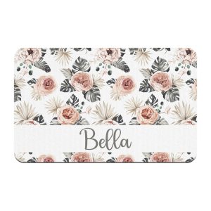 Personalized Boho Floral Girl Dog Food Mat, Customize Name Font, Puppy Kitten Cat, Water Absorbent Floor Placemat, Home Decor Pet