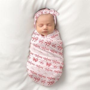 Valentine Coquette Bows Name Swaddle Blanket, Personalized Pink Girly Bows, Minky Sherpa, Girl Valentines Day, Custom Name Carseat Blanket