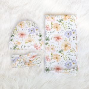 Spring Swaddle Set, Baby Girl Name Blanket, Personalized Girly Name Swaddle, Minky Sherpa Custom Blanket, Gift New Baby Spring Pastel Floral