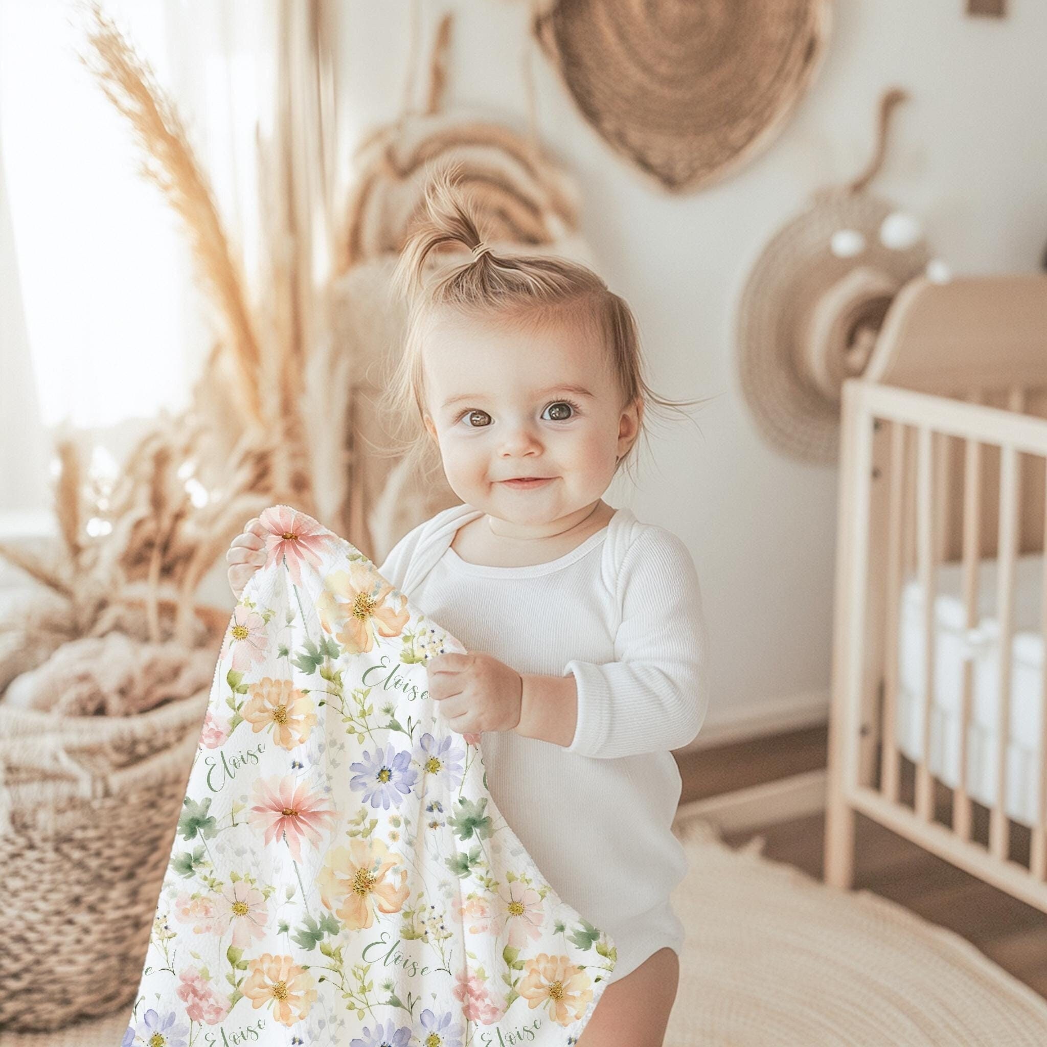 Pastel Spring Baby Girl Name Blanket, Personalized Girly Name Swaddle, Minky Sherpa Custom Blanket, Gift for New Baby, Spring Pressed Floral