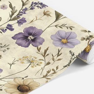Purple Vintage Cottage Core Floral Wallpaper, Peel and Stick Removable, Unpasted Prepasted Traditional Option, Antique Style Pressed Floral