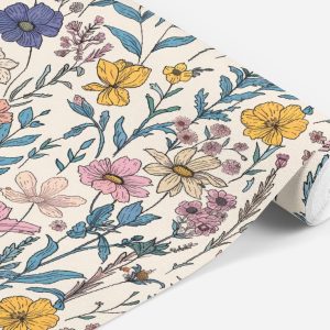 Wildflower Spring Wallpaper, Peel and Stick Removable, Unpasted Traditional Option, Meadow Flower Field, Pressed Dried Floral, DIY Project