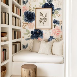 Navy Floral Wallpaper, Pink Navy Faux Glitter Peel and Stick Wallpaper, Baby Girl Nursery Decor, Large Print Mural, Navy Blue and Peach Pink