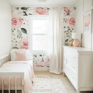 Pink Peach Rose Floral Wallpaper Peel and Stick, Romantic Wall Mural for Nursery or Bedroom, Vintage Coquette Removable Wall Art