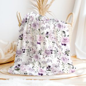 Dusty Purple Rose Baby Gift Set, New Baby Lilac Lavender Nursery Set, Headband Hat Crib Sheet Minky Blanket, Baby Girl Personalized Swaddle