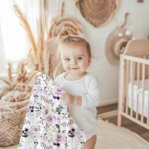 Baby Girl Blanket, Personalized Violet Lavender Lilac Roses, Sherpa or Minky, New Baby Girl Gift, Purple Baby Shower Present, Gift New Mom