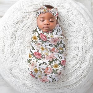 Personalized Baby Swaddle Blanket Set, Newborn Beanie Knotted Hat, Baby Shower Gift, Custom Print Name Vintage Floral, Birdie Collection
