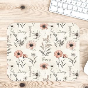 Personalized Vintage Wildflower Mousepad, Floral Desk Accessories, Wrist Desk Mat, Phone Stand, Flower Girly Name Christmas Birthday Gift