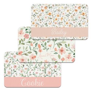 Ditsy Florals Personalized Dog Food Mat, Customize Name Font, Puppy, Kitten Cat, Water Absorbent Floor Placemat, Home Decor, Gift New Pet