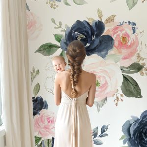 Navy Pink Peach Rose Flower Wallpaper, Peel Stick Removable, Baby Girl Nursery Decor, Large Print Mural, Watercolor Living Room Bedroom Blue
