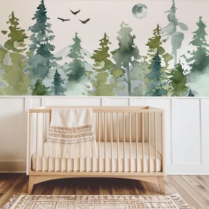 Woodland Forest Mountain Wallpaper, Peel Stick or Traditional, Boy Nursery Mural Large Scale, Country Woods Watercolor Forest Wall Art Play