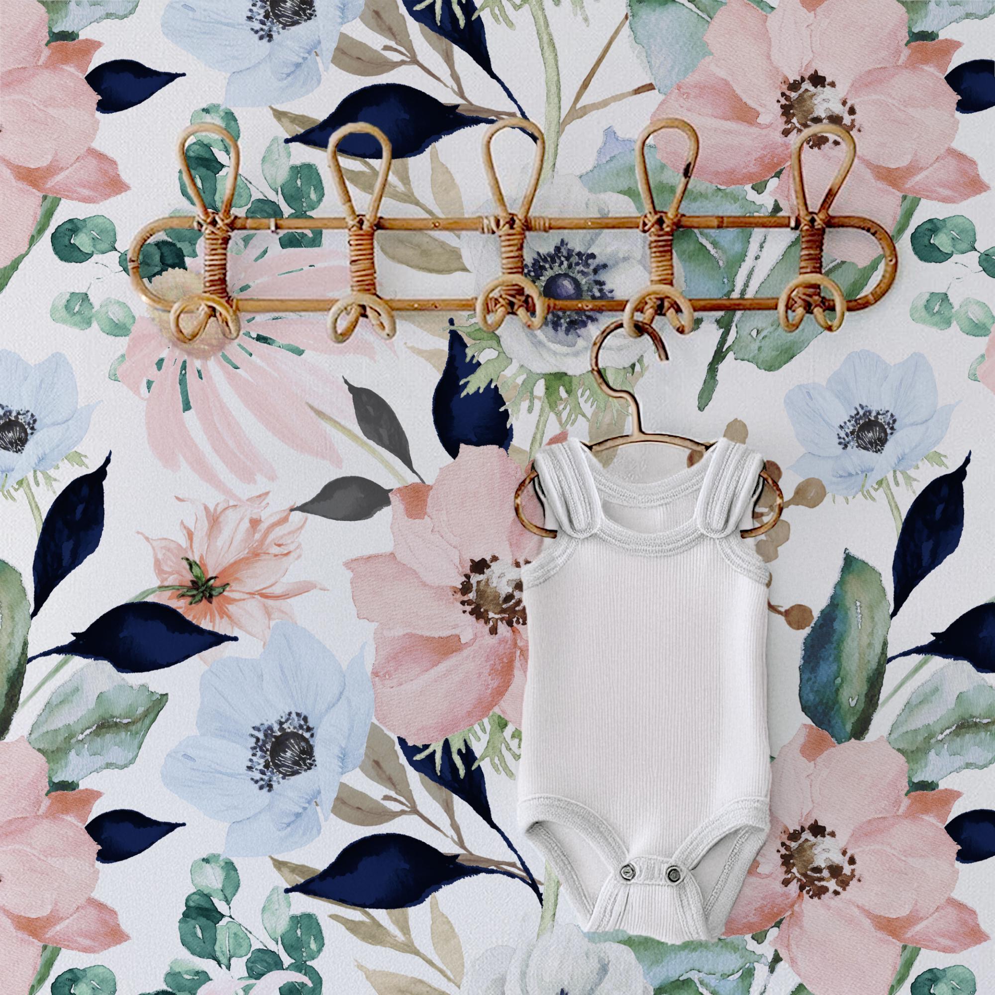 Pink Navy Green Floral Wallpaper, Coastal Floral Peel and Stick Removable, Large Print Wall Art Mural, Girly Flowers - Image 2