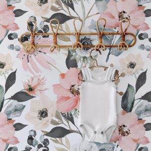 Pink and Grey Floral Wallpaper, Peel and Stick Removable, Baby Girl Nursery Wall Art Large Print, Hallie Pink Grey Cream Girly Chic Nursery