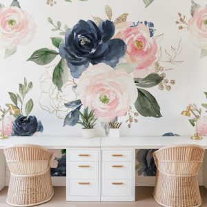 Navy Pink Peach Rose Floral Wallpaper, Peel Stick Removable or Traditional, Baby Girl Nursery Decor, Large Print Mural Bedroom Blue Flower