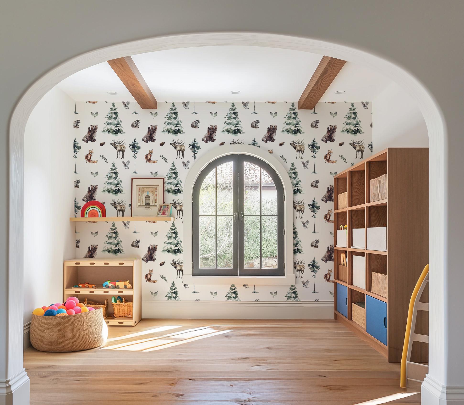 Woodland Forest Animals Wallpaper, Peel Stick Temporary, Trees Plants Mural Bear, Large Print Boys Playroom Fox Racoon Deer Owl, Unpasted - Image 3