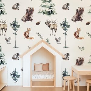 Woodland Forest Animals Wallpaper, Peel Stick Temporary, Trees Plants Mural Bear, Large Print Boys Playroom Fox Racoon Deer Owl, Unpasted