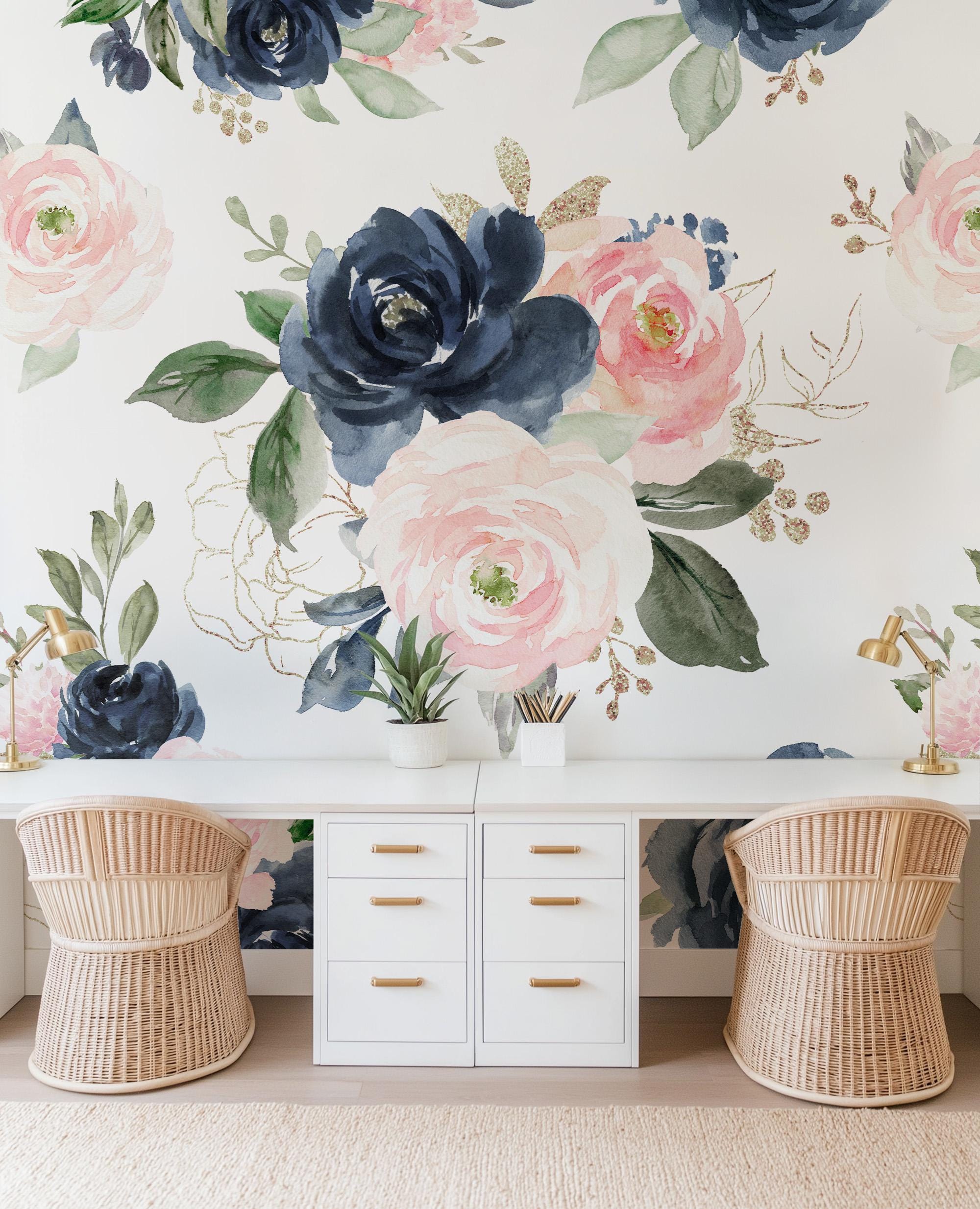 RESERVED FOR ALEXIS: Navy Pink and Peach Floral Wallpaper Peel and Stick, Romantic Wall Mural