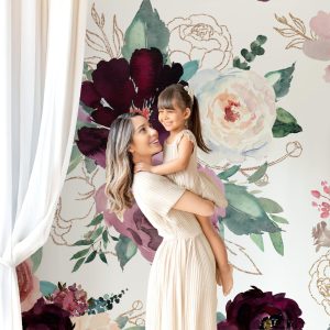 Burgundy Maroon Mauve Floral Wallpaper Peel and Stick, Romantic Dark Floral Wall Mural for Bedroom or Nursery, Removable Wall Bold Dramatic