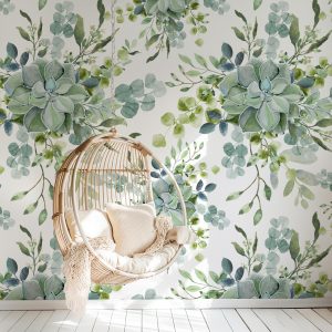 Large Scale Succulent Greenery Wallpaper, Peel and Stick Removable, Blue Green Colors Boho, Living Room Bedroom, Desert Cactus Green