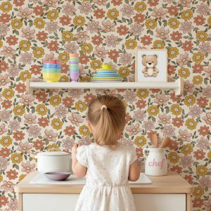 Groovy Floral Wallpaper, Peel Stick Removable, Baby Nursery Decor Bedroom, Boho Trendy Botanical Groovy Retro Vintage Line Art, Traditional