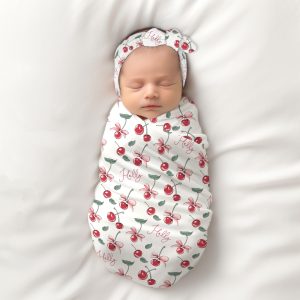 Cherry Swaddle Blanket, Personalized Cherries Girly Bows, Baby Girl Minky Sherpa Swaddle, Custom Name Nursery Bedding, Carseat Blanket
