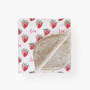 Strawberry Bow Baby Girl Name Blanket, Personalized Girly Name Swaddle, Minky Sherpa Custom Blanket, Gift for New Baby, Strawberries Pink