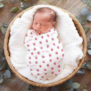Ditsy Strawberry Swaddle, Baby Girl Name Blanket, Personalized Girly Name, Minky Sherpa Custom Blanket, Gift for New Baby, Strawberries Bows