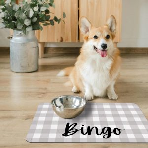 Grey Gingham Personalized Pet Placemat, Custom Dog Bowl Mat Dog Gift for New Dog, Farmhouse Style Simple Neutral Plaid Checkered Vichy Check