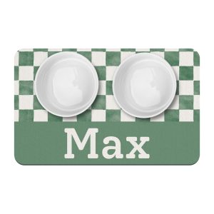 Green Check Personalized Pet Placemat, Watercolor Gingham, Custom Name Dog or Cat Bowl Mat, New Puppy Supplies, Floor Mat for Pet Food