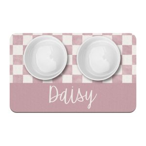 Mauve Check Personalized Pet Placemat, Watercolor Gingham, Custom Name Dog Cat Bowl Mat, New Puppy Supplies, Floor Mat for Pet Food