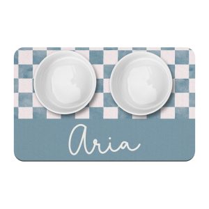 Ocean Blue Check Personalized Pet Placemat, Watercolor Gingham, Custom Name Dog Cat Bowl Mat, New Puppy Supplies, Floor Mat for Pet Food