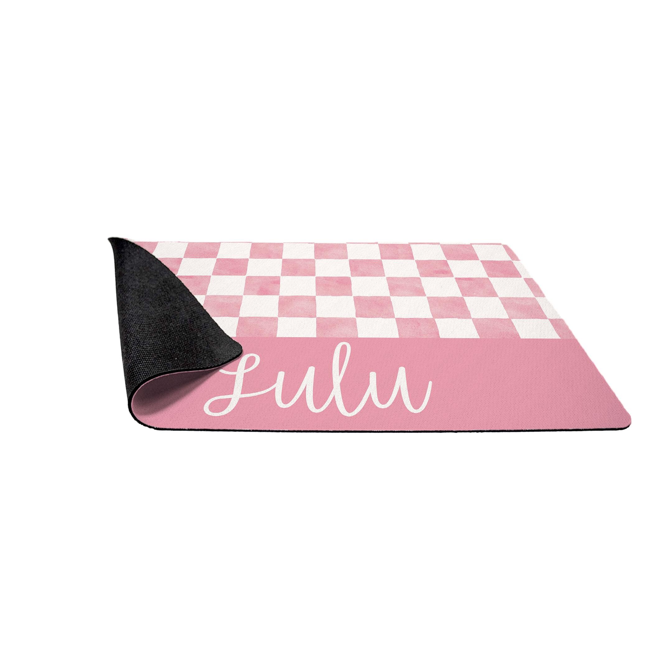 Pink Check Personalized Pet Placemat, Watercolor Gingham, Custom Name Dog Cat Bowl Mat, New Puppy Supplies, Floor Mat for Pet Food - Image 2