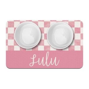 Pink Check Personalized Pet Placemat, Watercolor Gingham, Custom Name Dog Cat Bowl Mat, New Puppy Supplies, Floor Mat for Pet Food