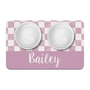 Purple Check Personalized Pet Placemat, Watercolor Gingham, Custom Name Dog Cat Bowl Mat, New Puppy Supplies, Floor Mat for Pet Food