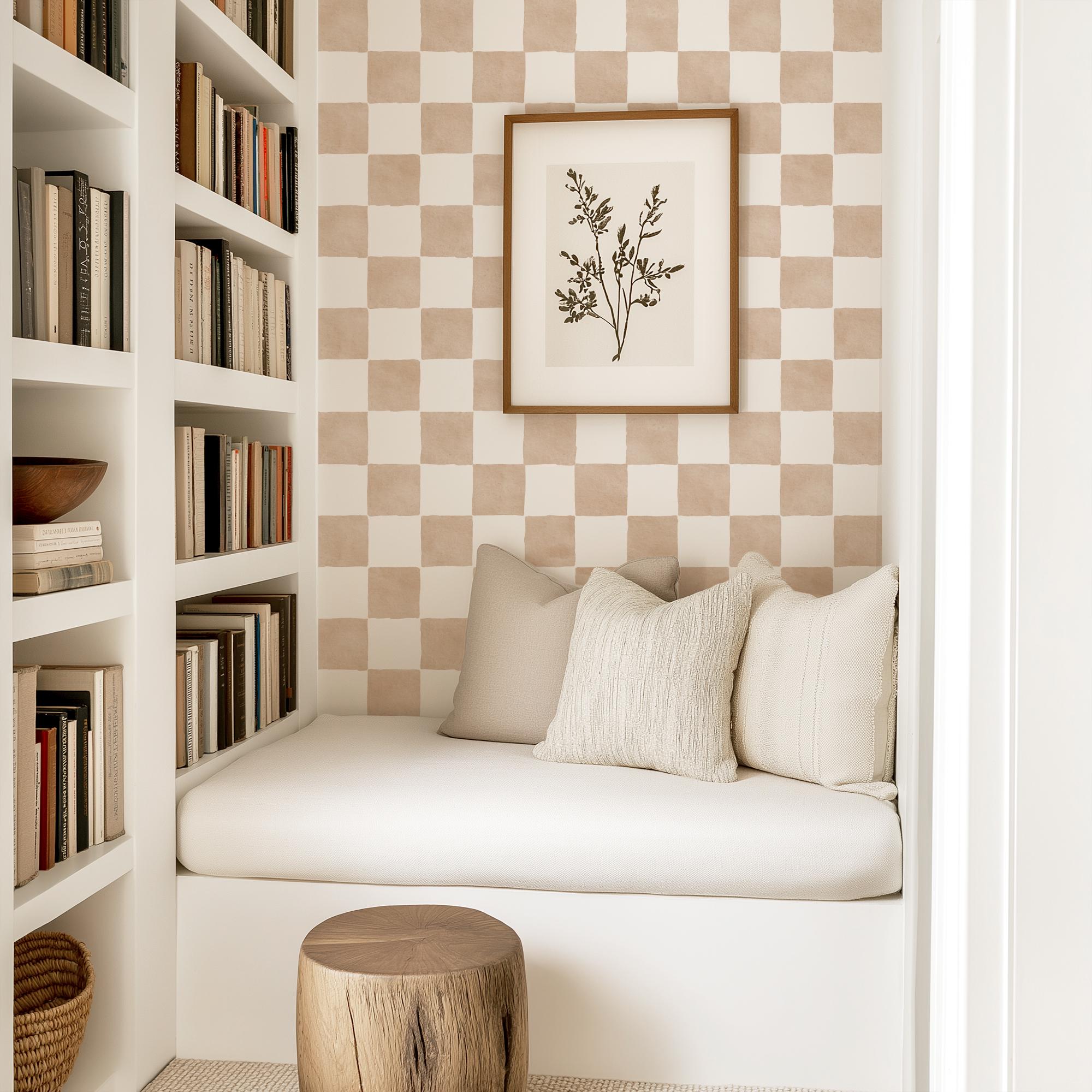 Tan Watercolor Checkered Wallpaper, Neutral Peel and Stick Wall Mural, Modern Farmhouse or Scandinavian Nursery Decor, Gingham Grid Wall - Image 3