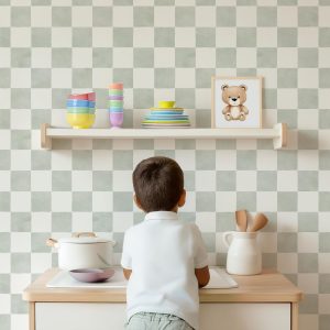 Muted Blue Checkered Wallpaper, Watercolor Peel Stick Removable, Unpasted Traditional Option, Retro Boho Check Pastel Accent Gingham