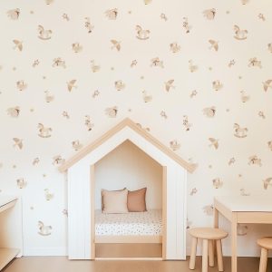 Neutral Boho Animal Nursery Wallpaper, Vintage Romantic Peel and Stick Removable Unpasted Traditional, Rocking Horse Bunny Stars Duck Circus