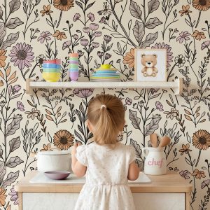 Garden Botanical Floral Wallpaper, Peel and Stick Removable, Unpasted Traditional Option, Retro Boho Peace, Girl Toddler Teenager Wildflower