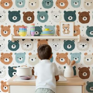 Cute Bears Wallpaper, Peel and Stick Removable, Baby Boy Nursery Decor, Woodland Forest Bears, Boy's Room Wall Art, Accent Wall Boy