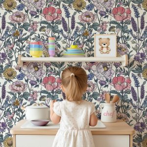 Dark Purple Blue Wildflower Garden Botanical Floral Wallpaper, Peel and Stick Removable, Unpasted Traditional Option, Retro Vintage Girl