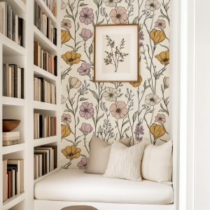 Muted Pink Mustard Wildflower Garden Floral Wallpaper, Peel and Stick Removable, Unpasted Traditional Option, Botanical Cute Boho Chic