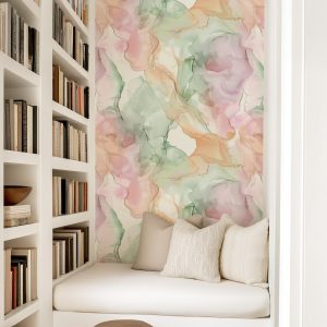 Abstract Watercolor Swirls Wallpaper, Pastel Pink Green Yellow Paint on Paper, Peel and Stick Removable, Prepasted Traditional Custom Sizes