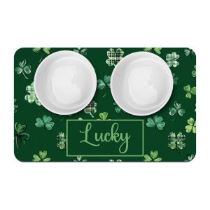 St Patricks Day Shamrock Pet Placemat, Personalized Mat With Name, Custom Dog or Cat Bowl Mat, Puppy Supplies, Water Bowl Mat