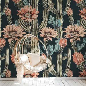 Moody Saguaro Cactus Wallpaper, Peel and Stick Removable, Dark Colors Boho Large Scale Cacti Bloom, Living Room Bedroom Desert Cactus Flower