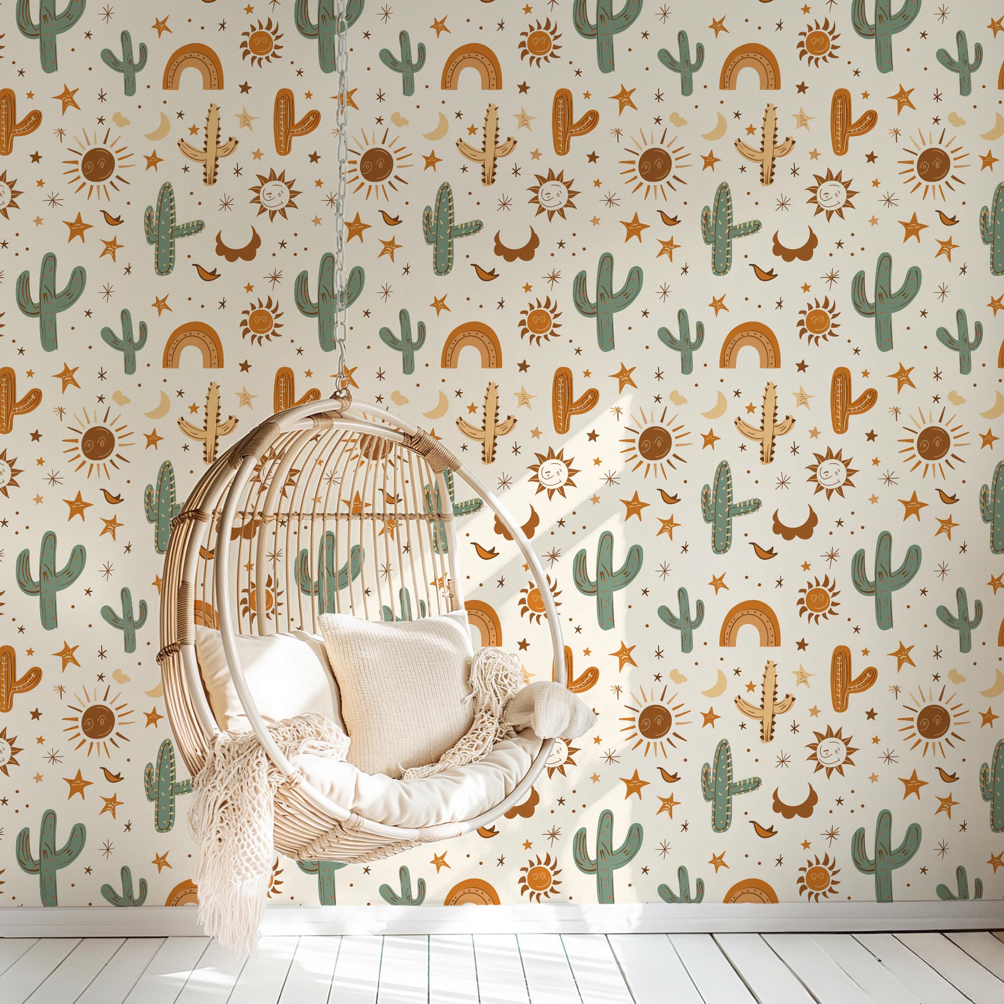 Boho Desert Cactus Wallpaper, Peel and Stick Removable, Cacti with Sun Stars Rainbow, Kid's Bedroom Playroom Desert Cactus Wall Art Accent - Image 6