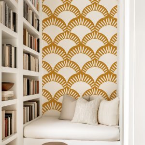 Mustard Yellow Sun Pattern Wallpaper, Peel Stick Removable, Baby Nursery Decor Bedroom, Neutral Trendy Boho, Groovy Retro Vintage Abstract