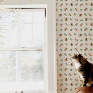 Bees Botanical Wallpaper, Peel Stick Removable, Unpasted Traditional Option, Toddler Playroom Nursery Decor, Cute Cottagecore Bee Pattern