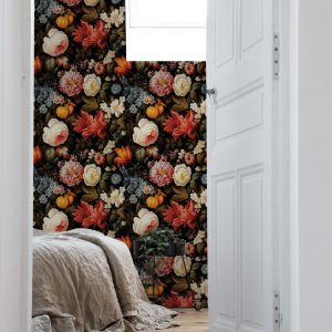 Dark Botanical Floral Wallpaper, Peel Stick Removable, Unpasted Traditional Option, Moody Forest Floral Decor, Cute Gothic Cottagecore