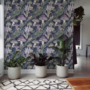 Purple Mushroom Crystal Botanical Wallpaper, Peel Stick Removable, Unpasted Traditional Option, Forest Floral Decor, Cute Gothic Cottagecore